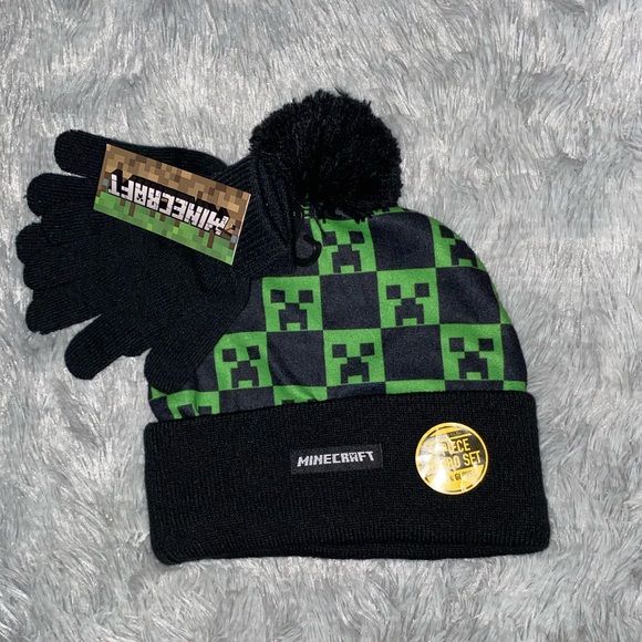 Minecraft Creeper Kids Beanie and Gloves Set - Black and Green - Picture 1 of 6